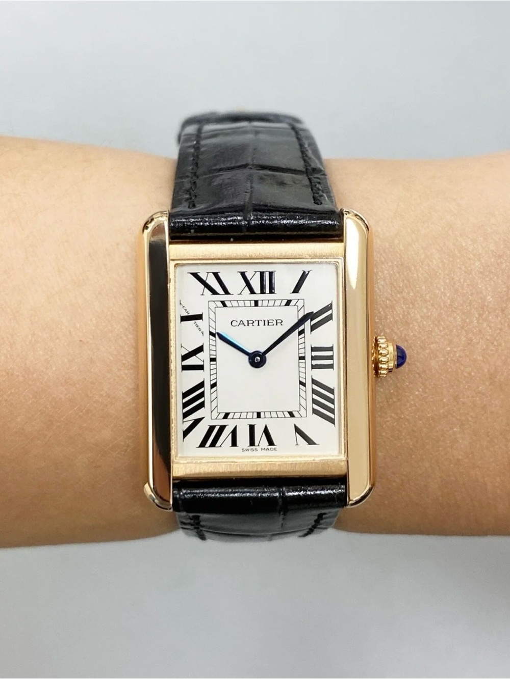 Tank Watch in Black and Gold with Blue Cabochon
